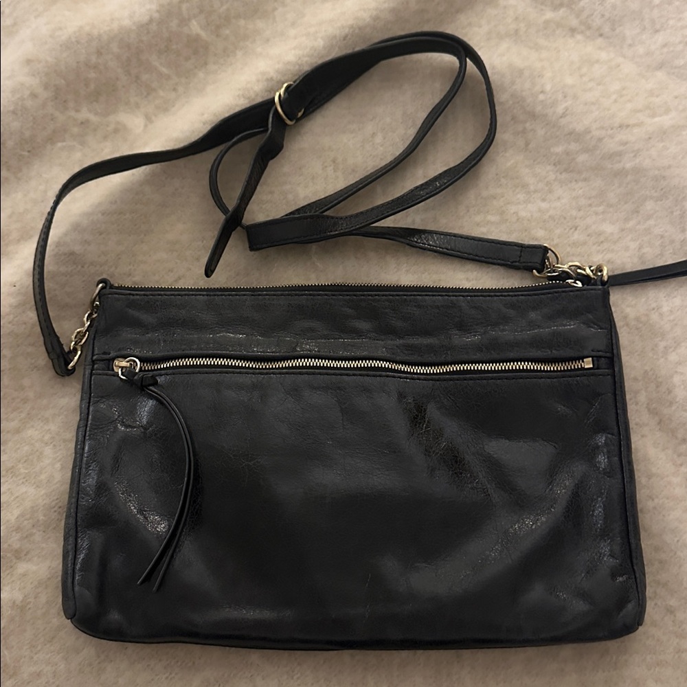 Hobo Black Leather Crossbody Bag with inside zippers